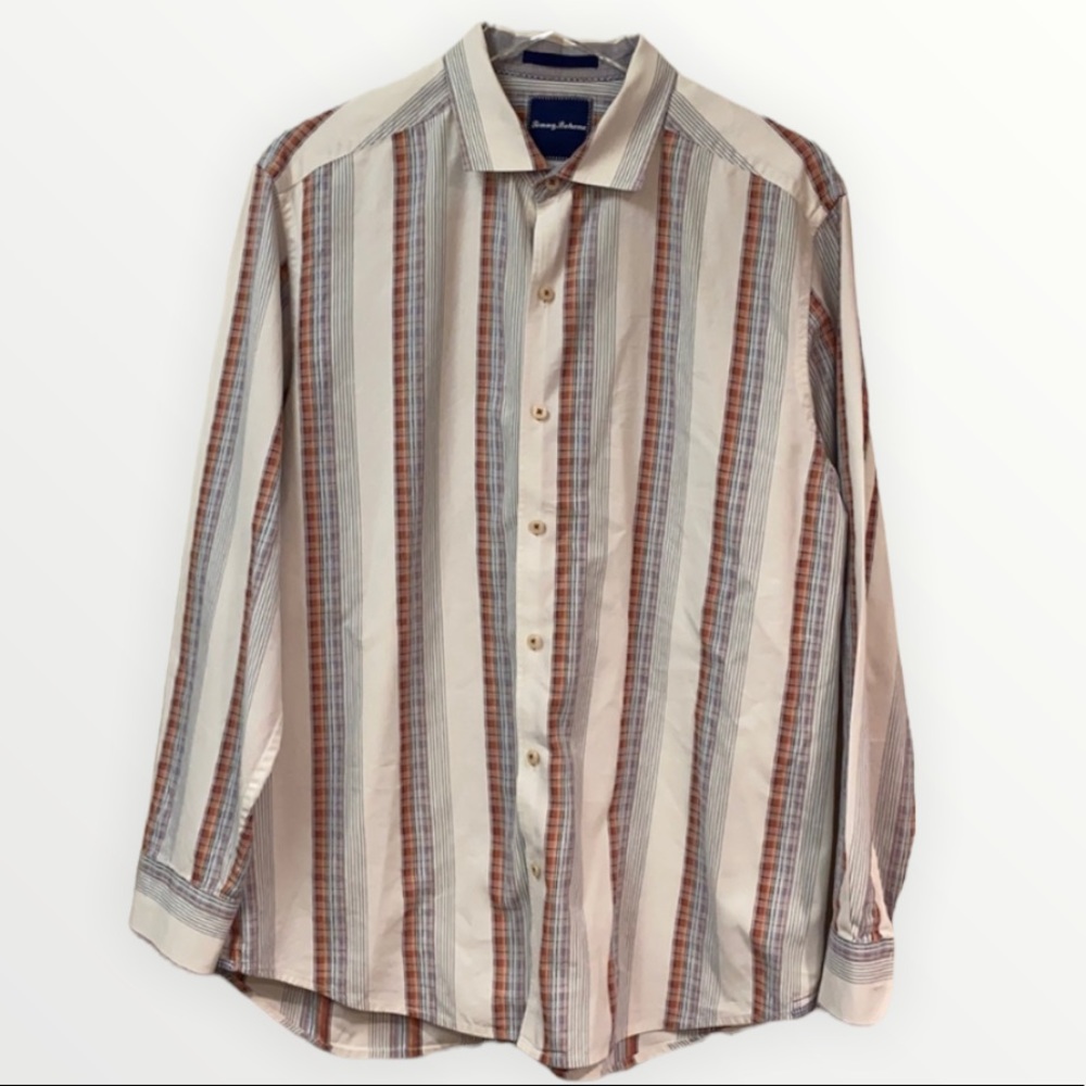 Tommy Bahamas Long Sleeved Striped Dress Shirt Cotton Silk Large